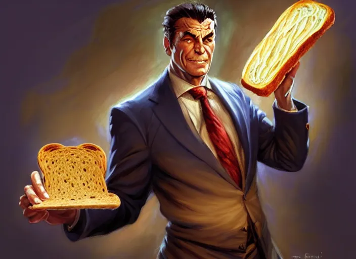 Image similar to magic : the gathering fantasy character concept art of the great businessman by marco bucci and frank frazetta, high resolution. a clear portrait of powerful, business man wearing a business suit, holding a magical briefcase overflowing with bread and toast swirling around, fantasy coloring, intricate, digital painting, artstation, smooth, sharp focus