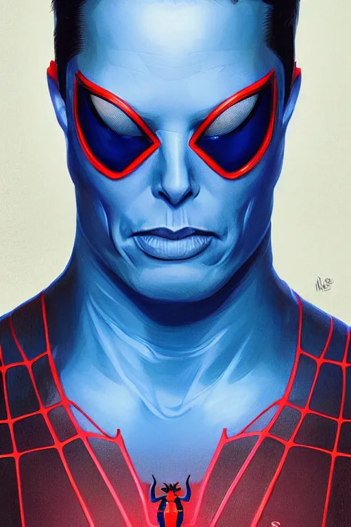 Image similar to elon musk as a blue suit spider man, realistic portrait, symmetrical, highly detailed, digital painting, artstation, concept art, smooth, sharp focus, illustration, cinematic lighting, art by artgerm and greg rutkowski and alphonse mucha