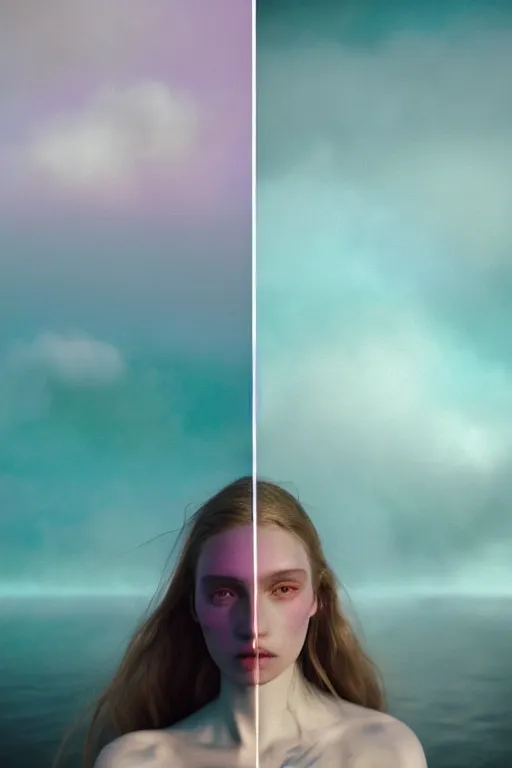 Image similar to high quality pastel coloured film close up wide angle photograph of a model wearing clothing swimming on cloud furniture in a icelandic black rock!! environment in a partially haze filled dreamstate world. three point light, rainbow. photographic production. art directed. pastel colours. volumetric clouds. pastel gradient overlay. waves glitch artefacts. extreme facial clarity. 8 k. filmic.