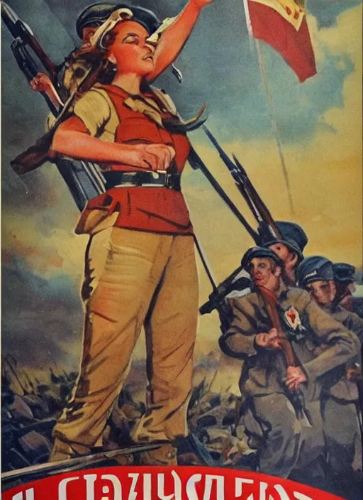 Prompt: beautiful female captain russia standing on a pile of defeated german soldiers. feminist captain russia wins wwii. soviet propaganda poster by james gurney