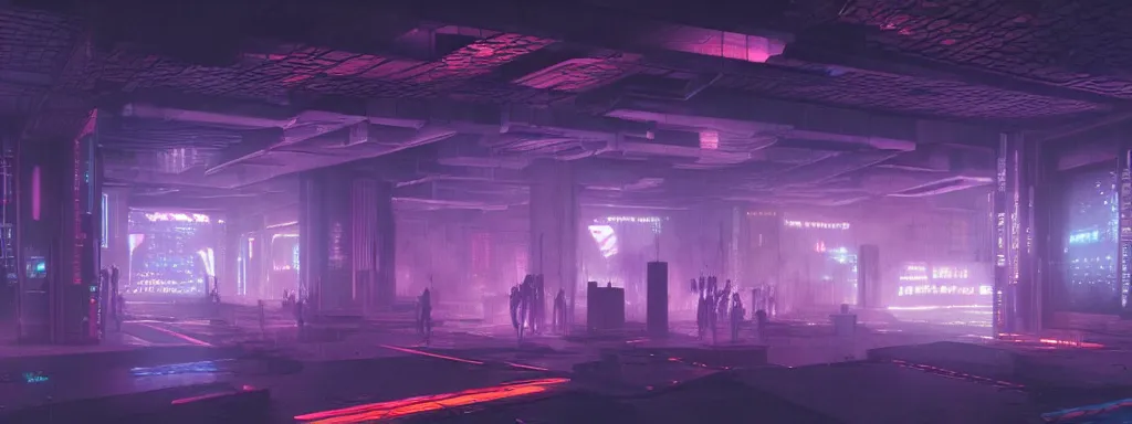 Image similar to matte painting of a dark neon cyberpunk underground rave in the film ghost in the shell by moebius, 8k, ultra realistic, unreal engine 5