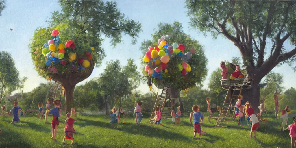 Image similar to masterful oil on canvas painting, eye - level view, shot from 5 0 feet distance, of kids playing in a treehouse. in the background human children run around having fun. golden hour, detailed, depth, volume, chiaroscuro, quiet intensity, limited color palette. in the background there are a couple of balloons floating in the sky.