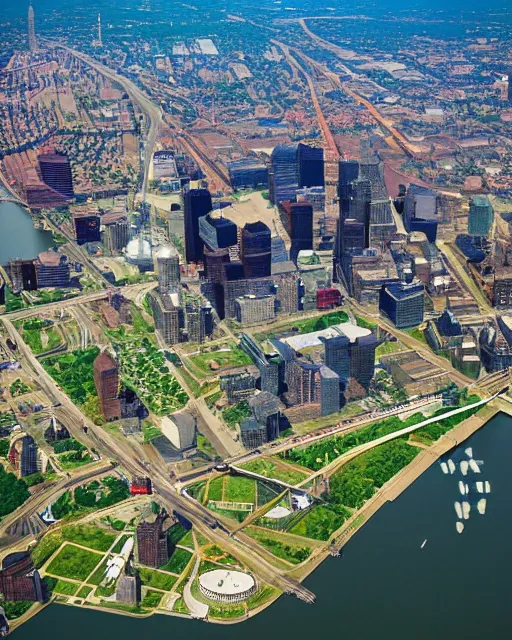 Prompt: Cleveland Ohio as a green energy futuristic megalopolis with 100 million people, beautiful parks, futuristic train and transportation systems