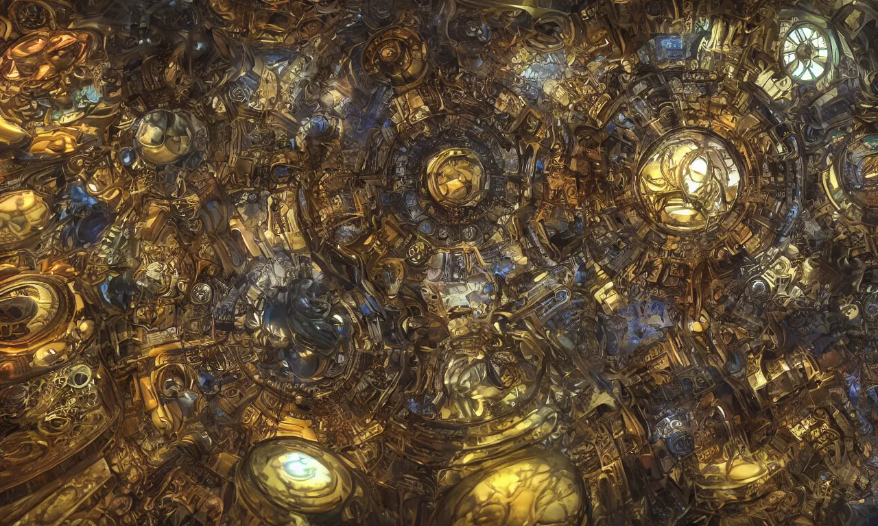 Image similar to steampunk engine laboratory 3 d volume kaleidoscope fractal voronoi metal chakra digital multicolor stylized concept substance natural color scheme, global illumination ray tracing hdr fanart arstation by sung choi and eric pfeiffer and gabriel garza and casper konefal
