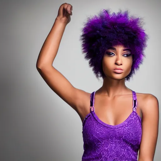 Image similar to a realistic model photoshoot of a black girl with purple afro hair, beautiful, model, professional picture, realistic, 4 k, bright light, portrait