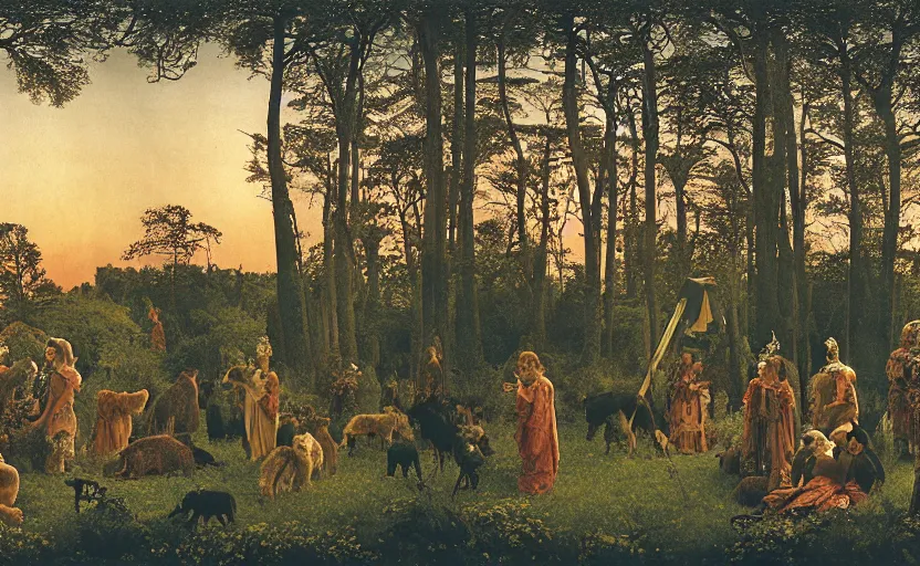 Prompt: national geographic hasselblad medium format panorama of a midsummernight's dream renaissance forest hunting festival at sunset with masks of wolves and sheep in the style of, jugendstil, alma tadema, maxfield parrish, maurice sendak, classic japanese prints