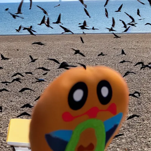 Image similar to a multicolored poop emoji chilling on a transat at the beach with seagulls flying around