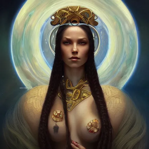 Image similar to a beautiful portrait of a celestial goddess by Jim Burns and Tom Bagshaw, Trending on Artstation, hands: -1