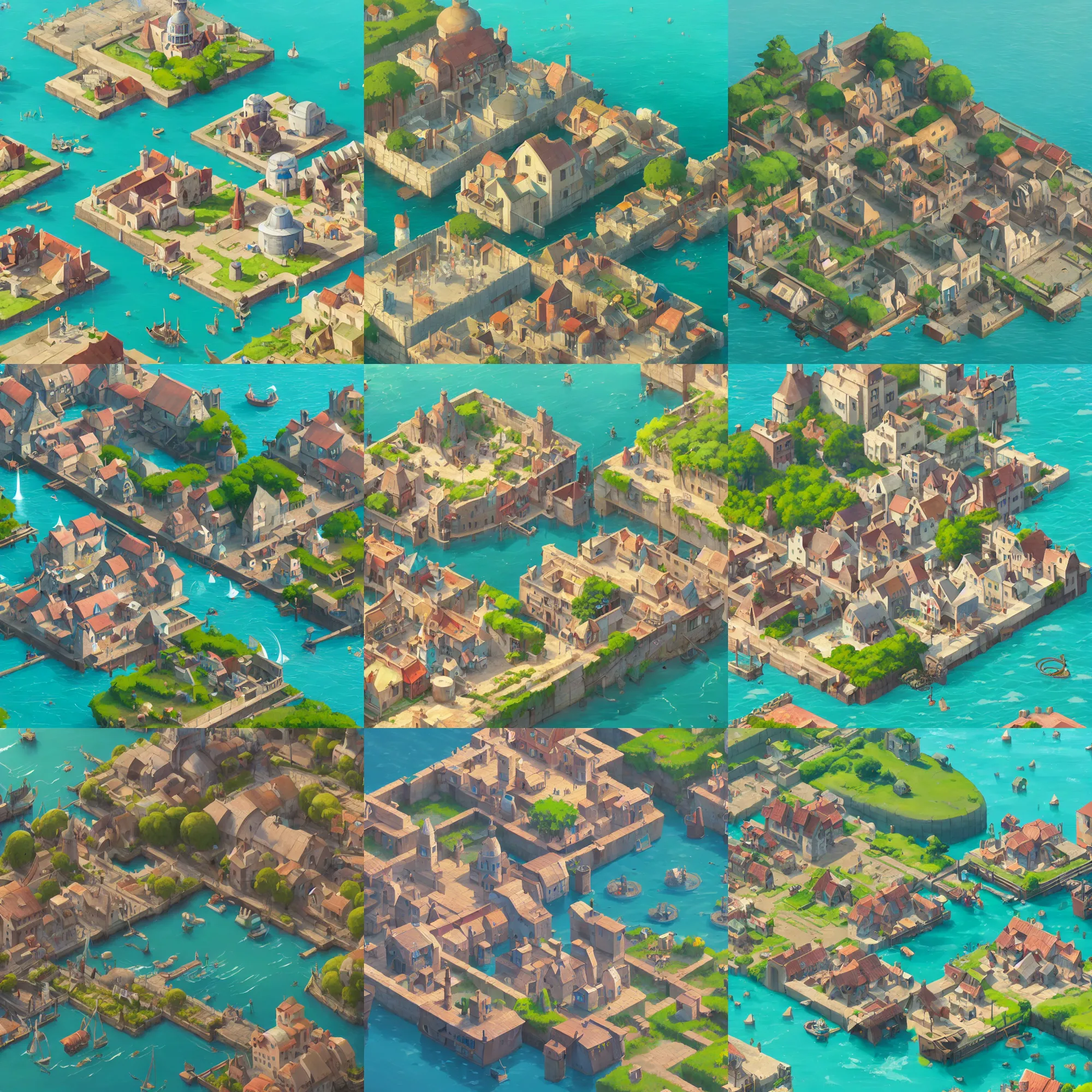 Prompt: collection of medieval bakery buildings surrounded by water, isometric view, game asset on transparent background, cory loftis, james gilleard, atey ghailan, makoto shinkai, goro fujita, studio ghibli, rim light, exquisite lighting, clear focus, very coherent, soft painting