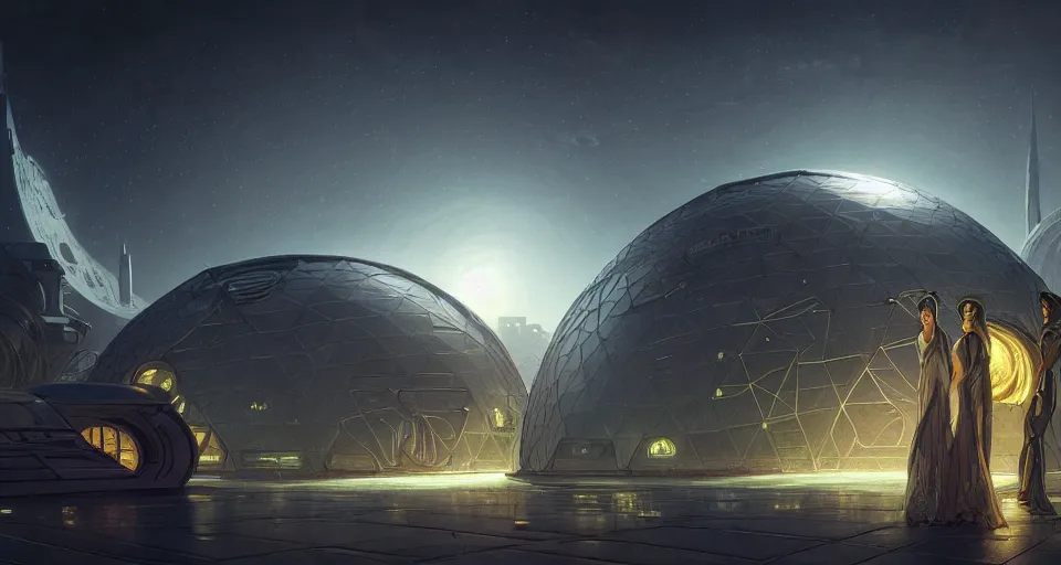 Image similar to cinematic shot, futuristic city on the moon inside a giant geodesic dome, utopian, night, stars, digital painting, artstation, concept art, smooth, sharp focus, illustration, intricate, elegant, highly detailed, in the style of greg rutkowski and alphonse mucha and artemisia, 8 k, highly detailed, jurgens, rutkowski