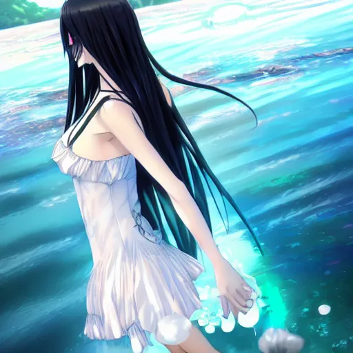 Image similar to a very beautiful anime girl wearing a dress made of water standing in a crystal lake , full body, very long black hair, azure blue watery eyes, full round face, seductive stare, cinematic lighting, medium shot, mid-shot, highly detailed, trending on artstation, Unreal Engine 4k, Stanley Artgerm Lau, WLOP, Rossdraws, James Jean, Andrei Riabovitchev, Marc Simonetti, and Sakimichan