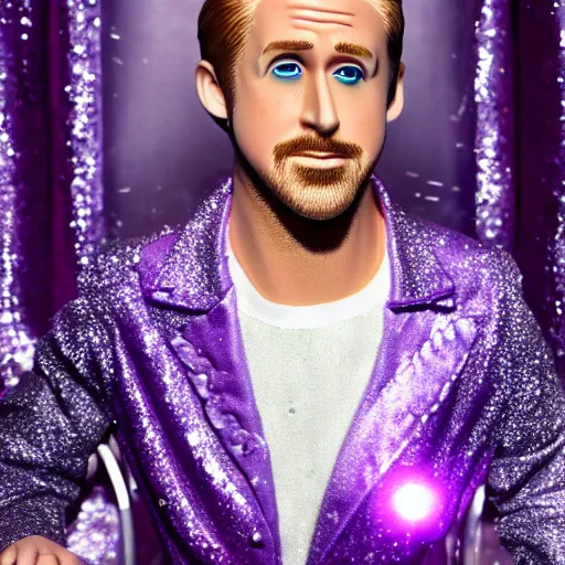 Image similar to Ryan Gosling with silver-violet hair, white eyes, inflated press and golden glittery dress, wide lens, diorama, 4k,