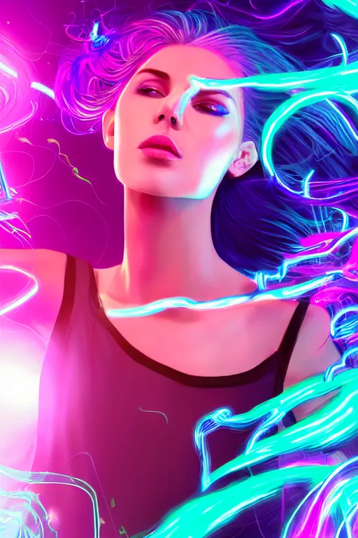 Image similar to a award winning half body portrait of a beautiful woman in a croptop and cargo pants with ombre purple pink teal hairstyle with head in motion and hair flying, surrounded by whirling illuminated lines, outrun, vaporware, shaded flat illustration, digital art, trending on artstation, highly detailed, fine detail, intricate