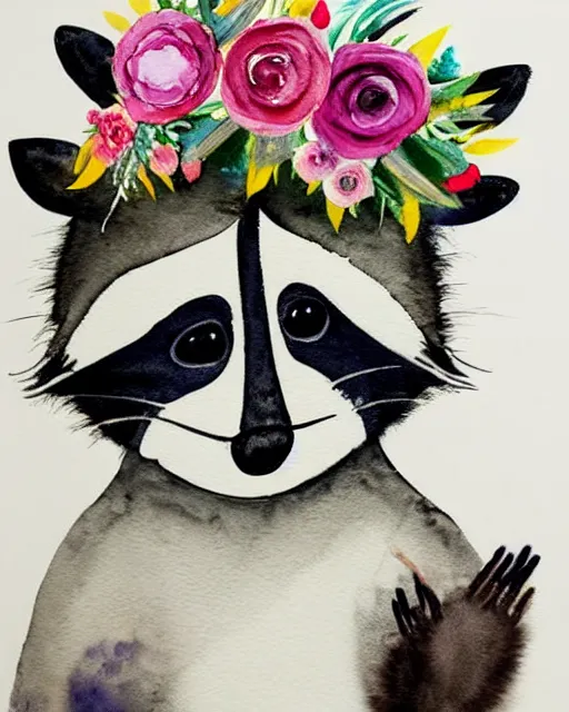 Image similar to a painting of a smiling anthropomorphic raccoon wearing a flower crown, a watercolor painting by annabel kidston, a storybook illustration, trending on pinterest, rococo, muted colors, soft colors, low saturation, smooth, made of flowers, watercolor, intricate, whimsical, white paper, minimalist, simple