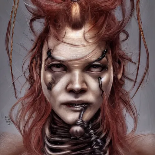 Image similar to portrait of a Shibari rope wrapped face and neck, headshot, insanely nice professional hair style, dramatic hair color, digital painting, of a old 15th century, old cyborg merchant, amber jewels, baroque, ornate clothing, scifi, realistic, hyperdetailed, chiaroscuro, concept art, art by Franz Hals and Jon Foster and Ayami Kojima and Amano and Karol Bak,