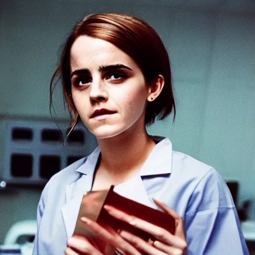 Image similar to emma watson, nurse scrubs, hospital, overwhelmed, award winning, kodak ektachrome expired blue tint,