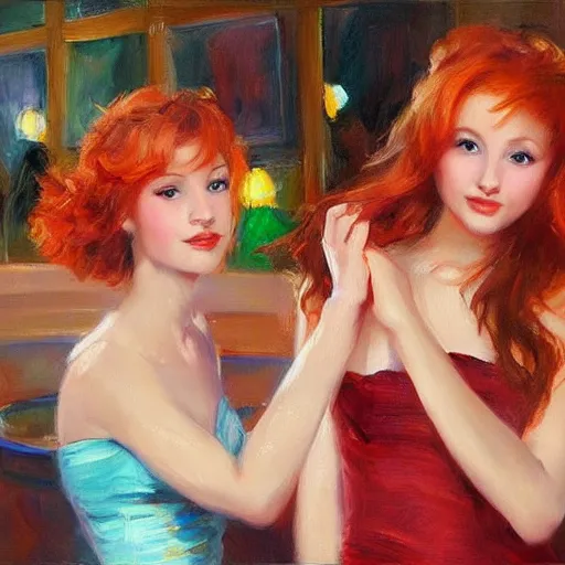 Prompt: young red heads at the night club, painting by Vladimir Volegov,