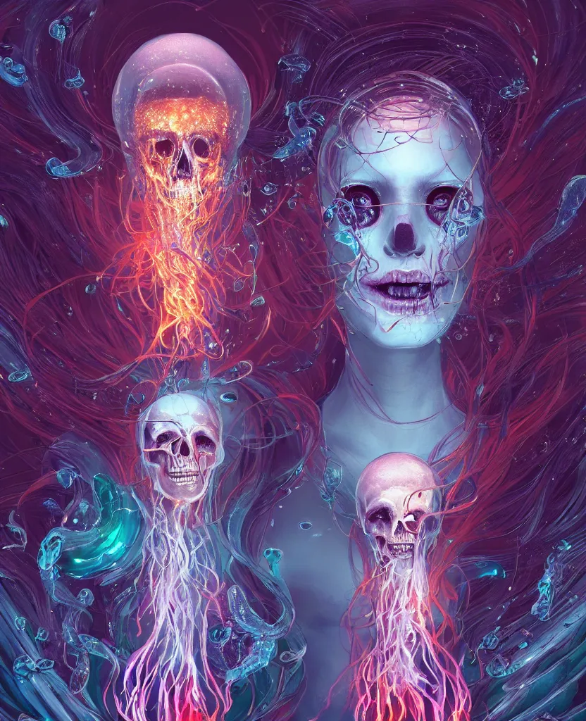 Prompt: goddess portrait skull. jellyfish butterfly phoenix head. energy flows of water and fire, by Tooth Wu and wlop and beeple. a highly detailed epic cinematic concept art CG render digital painting artwork scene. By Greg Rutkowski, Ilya Kuvshinov, WLOP, Stanley Artgerm Lau, Ruan Jia and Fenghua Zhong, trending on ArtStation, made in Maya, Blender and Photoshop, octane render, excellent composition, cinematic dystopian brutalist atmosphere, dynamic dramatic cinematic lighting, aesthetic, very inspirational, arthouse