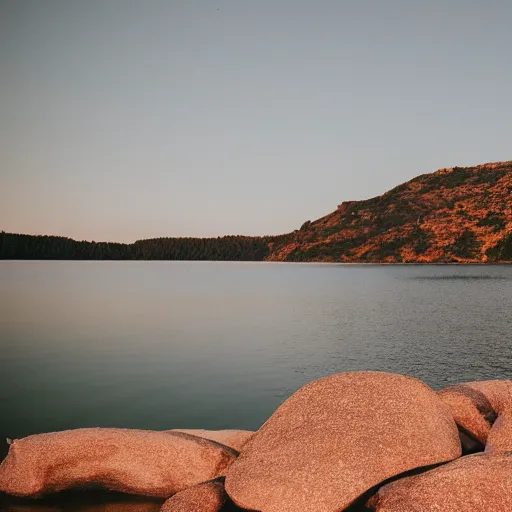 Prompt: cinematic wide shot of a lake with rope floating in the middle, a rocky foreground, sunset, a bundle of rope is in the center of the lake, eerie vibe, leica, 2 4 mm lens, 3 5 mm kodak film, f / 2 2, anamorphic