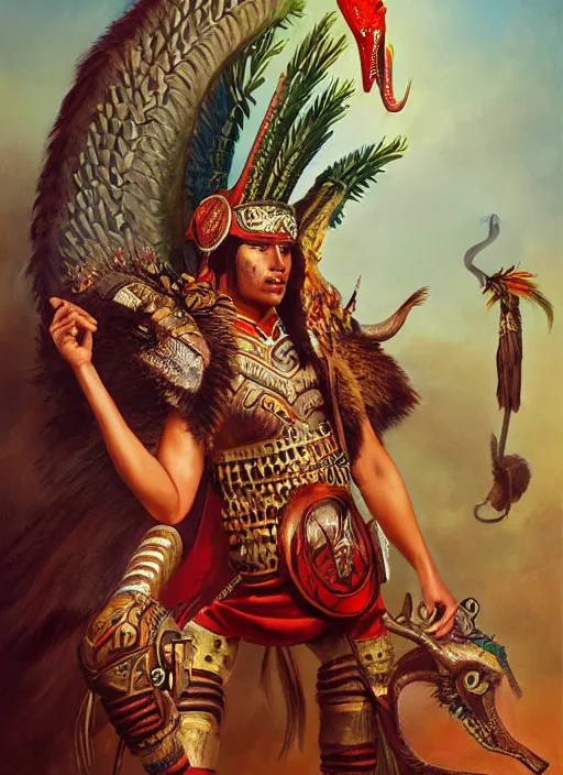 Prompt: portrait of a brave young aztec warrior as quetzalcoatl. art by manuel sanjulian and tom bagshaw and boris vallejo, oil on canvas, ethnographic beauty, magic realism