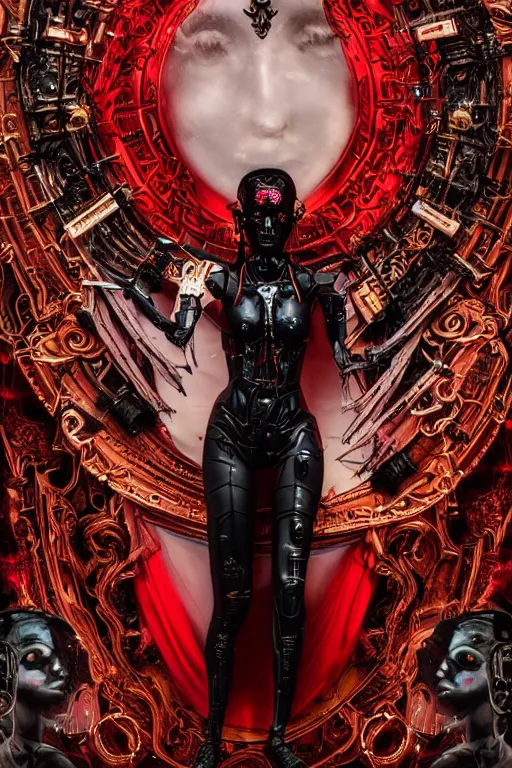 Image similar to full-body cyberpunk style sculpture of a young beautiful dark priestess, half android with a head opening exposing circuitry, glowing red eyes, black roses, flowing blood-red colored silk, fabric, candles. baroque elements, human skulls. full-length view. baroque element. intricate artwork by Caravaggio. crows flying in background. Trending on artstation, cinematic lighting from the right. hyper realism, octane render, 8k, depth of field, 3D