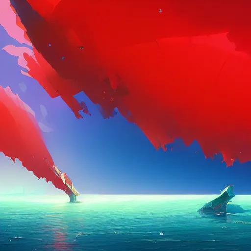 Prompt: a beautiful painting of the red sea and the blue sky, neon genesis evangelionby rhads and pascal blanche and john harris and greg rutkowski and ivan aivazovsky and victo ngai and simon stalenhag. in style of vector art. brush strok, hyper detailed. octane render. trending on artstation
