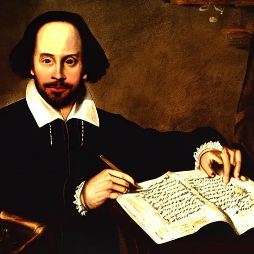 Prompt: william shakespeare writes a script for an episode of breaking bad, renaissance, portrait, highly detailed, serious, candlelight, darkened room, quill and ink