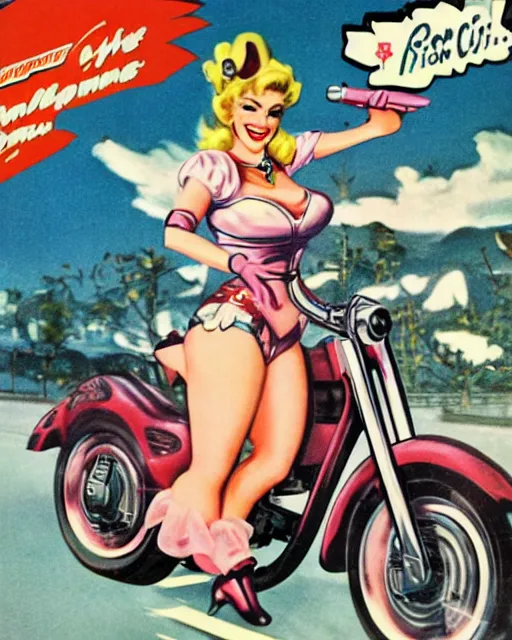 Image similar to cybernetic princess peach riding a motorcycle, 1 9 5 0 s pinup, retro futurism