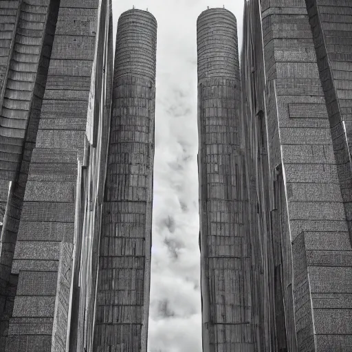 Prompt: a sci - fi brutalist monumental tower, with many towers sprouting from the base tower creating a complex and unique geometric building, photography