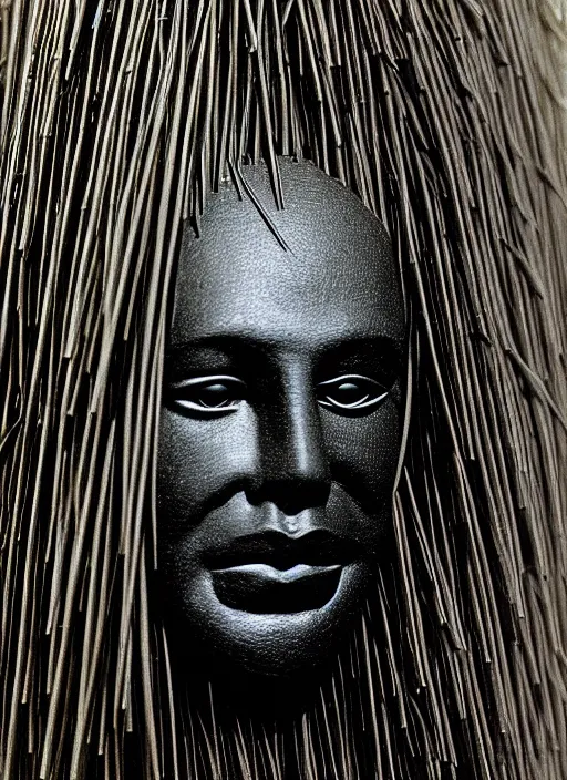 Prompt: realistic photo of a full - height model of human head made of black rubber realistic made of black clay, covered in very very long hay spikes needles, center straight composition, 2 0 0 0, life magazine photo, museum archival photo