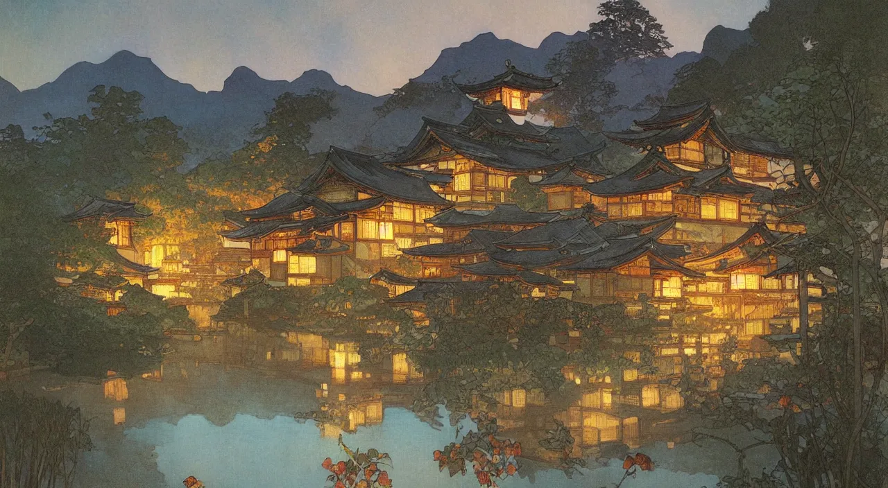 Prompt: A beautiful landscape painting of a small japanese village by a lake at night by Alfons Maria Mucha and Julie Dillon and Makoto Shinkai