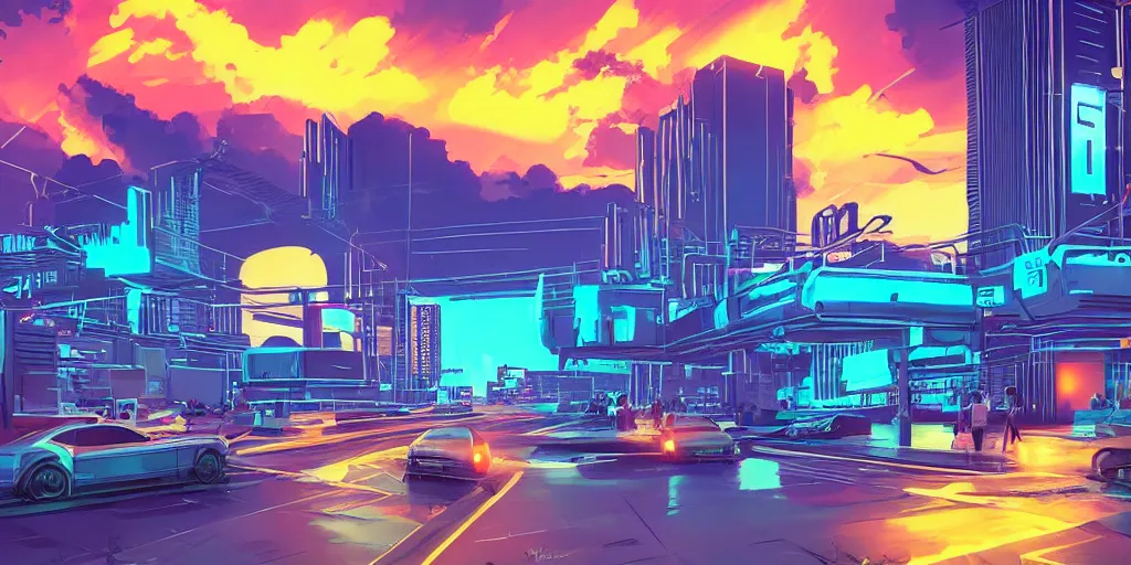 Image similar to brick buildings urban street neon futuristic cyberpunk vaporwave tron glow sunset clouds sky illustration by syd mead concept art