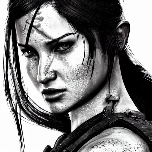 Image similar to lara croft as samurai, wet face, heavy rain, dramatic, intricate, highly detailed, concept art, smooth, sharp focus, illustration, unreal engine 5, 8 k