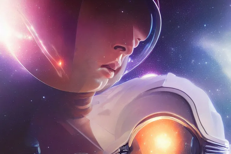 Image similar to Portrait of a Futuristic astronaut reflective visor reflecting a nebula supernova in space, portrait, elegant, intricate, digital painting, artstation, concept art, smooth, sharp focus, illustration, art by artgerm and greg rutkowski and alphonse mucha