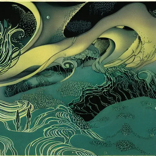 Image similar to the foam of perilous seas, in Faerie lands forlorn, illustration by Kay Nielsen and Eyvind Earle, 4k, aesthetic