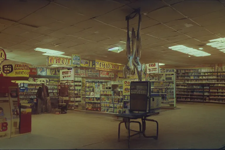 Prompt: large metallic skull attached to an infinitely long, thick power cable, stoic and calm, inside of an unlit 1970s convenience store, ektachrome photograph, volumetric lighting, f8 aperture, cinematic Eastman 5384 film