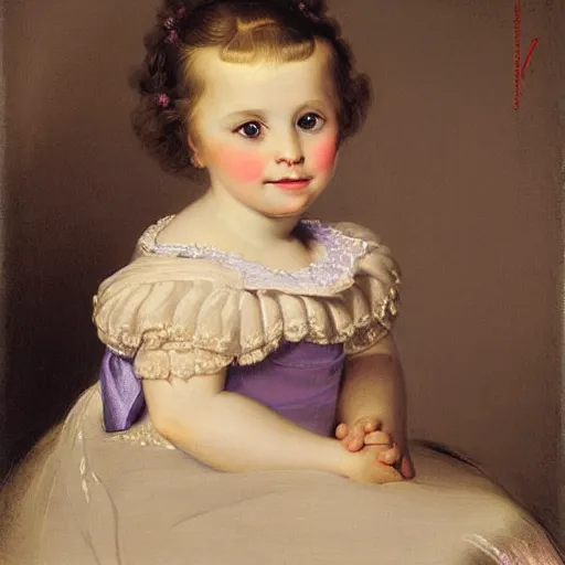 Image similar to portrait of a german toddler princess sitting down in a silk lavender gown, circa 1 8 3 7, by carl joseph begas, highly detailed, beautiful, oil on canvas, 1 8 3 0 s, romanticism