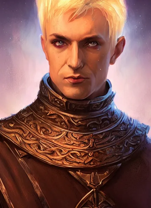 Image similar to male priest blonde parted hair healer, dndbeyond, bright, colourful, realistic, dnd character portrait, full body, pathfinder, pinterest, art by ralph horsley, dnd, rpg, lotr game design fanart by concept art, behance hd, artstation, deviantart, global illumination radiating a glowing aura global illumination ray tracing hdr render in unreal engine 5