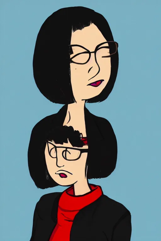 Prompt: portrait of a girl with short dark hair in a black jacket, in the style of the cartoon daria