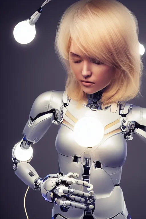 Image similar to a beautiful woman with blonde hair wearing robot suit with wires and light, highly detailed, photorealistic, artstation, smooth