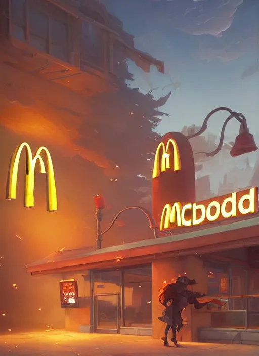 Image similar to Highly detailed McDonalds logo, Stephen Bliss, unreal engine, fantasy art by Greg Rutkowski, Loish, Rhads, Makoto Shinkai and Lois van baarle, ilya kuvshinov, rossdraws, Tom Bagshaw, global illumination, radiant light, detailed and intricate environment