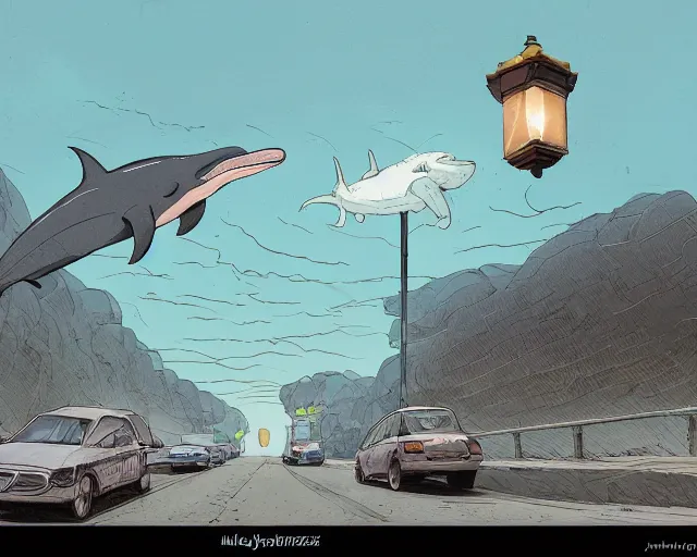 Image similar to a study of cell shaded cartoon of a flying dolphin on a country road, street lamps, road, illustration, wide shot, subtle colors, post grunge, concept art by josan gonzales and wlop, by james jean, Victo ngai, David Rubín, Mike Mignola, Laurie Greasley, highly detailed, sharp focus, alien, Trending on Artstation, HQ, deviantart, art by artgem