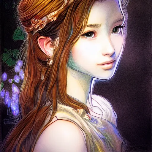 Image similar to bemused to be at the zoo aerith gainsborough portrait looking straight on, complex artistic color ink pen sketch illustration, full detail, gentle shadowing, fully immersive reflections and particle effects, concept art by artgerm