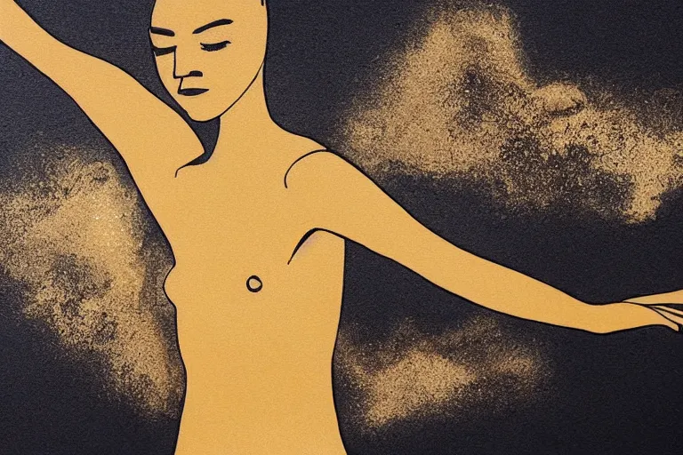 Prompt: beautiful serene swimming person, life, minimalistic golden and ink airbrush painting on white background