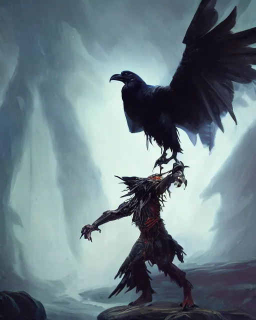 Prompt: oil painting of a Anthropomorphized raven shaman fusing with dragon, sharp focus, heroic pose, fantasy style, octane render, volumetric lighting, 8k high definition, by greg rutkowski, highly detailed, trending on art Station, magic the gathering artwork, Woodland background, centered