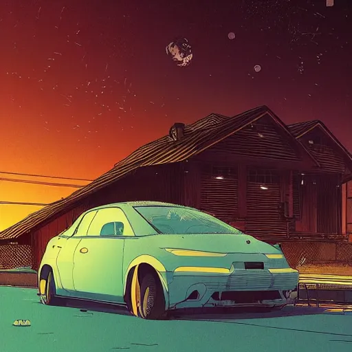 Image similar to a car by inio asano, beeple and james jean, aya takano color style, 4 k, super detailed, night sky, digital art, digital painting, celestial, majestic, colorful