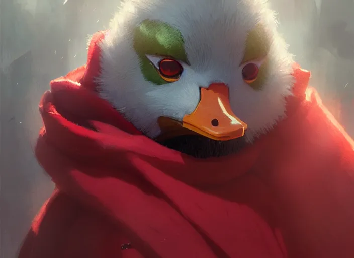 Image similar to cute fluffy mallard duck wearing red cultist robe, details, fantasy, epic, sacrificial altar, landscape illustration concept art anime key visual trending pixiv fanbox by wlop and greg rutkowski and makoto shinkai and studio ghibli and kyoto animation symmetrical facial features