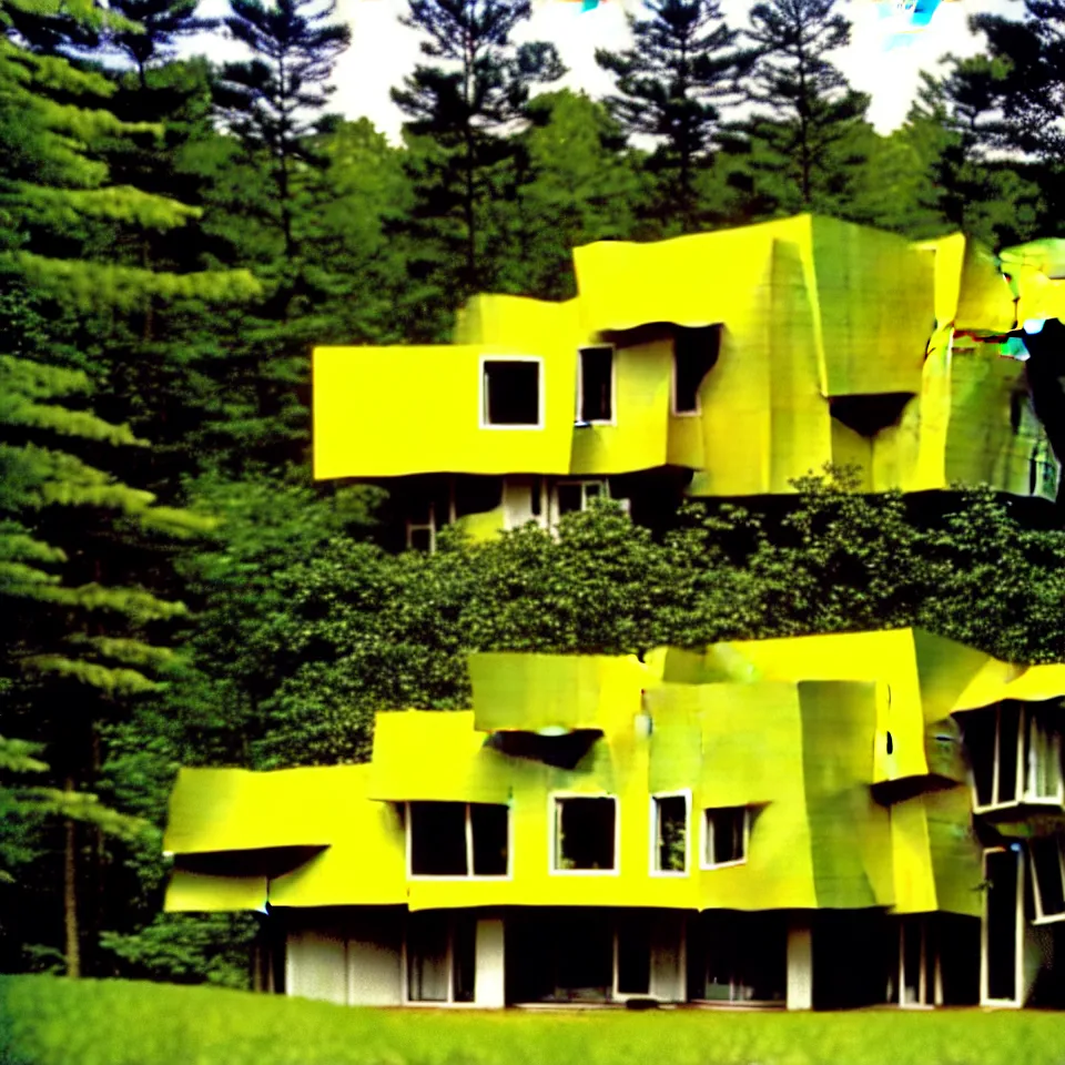 Image similar to a flat leveled house with big tiles in a forest, designed by Frank Gehry and more van der rohe. Film grain, cinematic, yellow hue