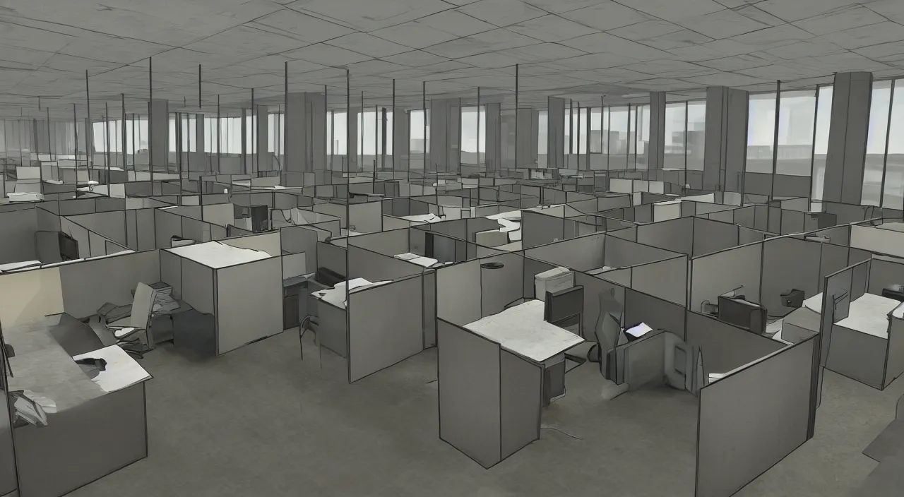 Image similar to An office at 3AM with multiple cubicles and a window that provides a view of the city, Source Engine, Gmod, Half Life 2