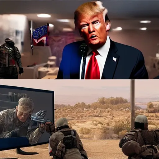 Prompt: Donald Trump playing Call of Duty with Walter Jr from Breaking Bad, realistic, 4k, unreal engine